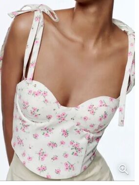 Zara White and Pink Floral Corset Top